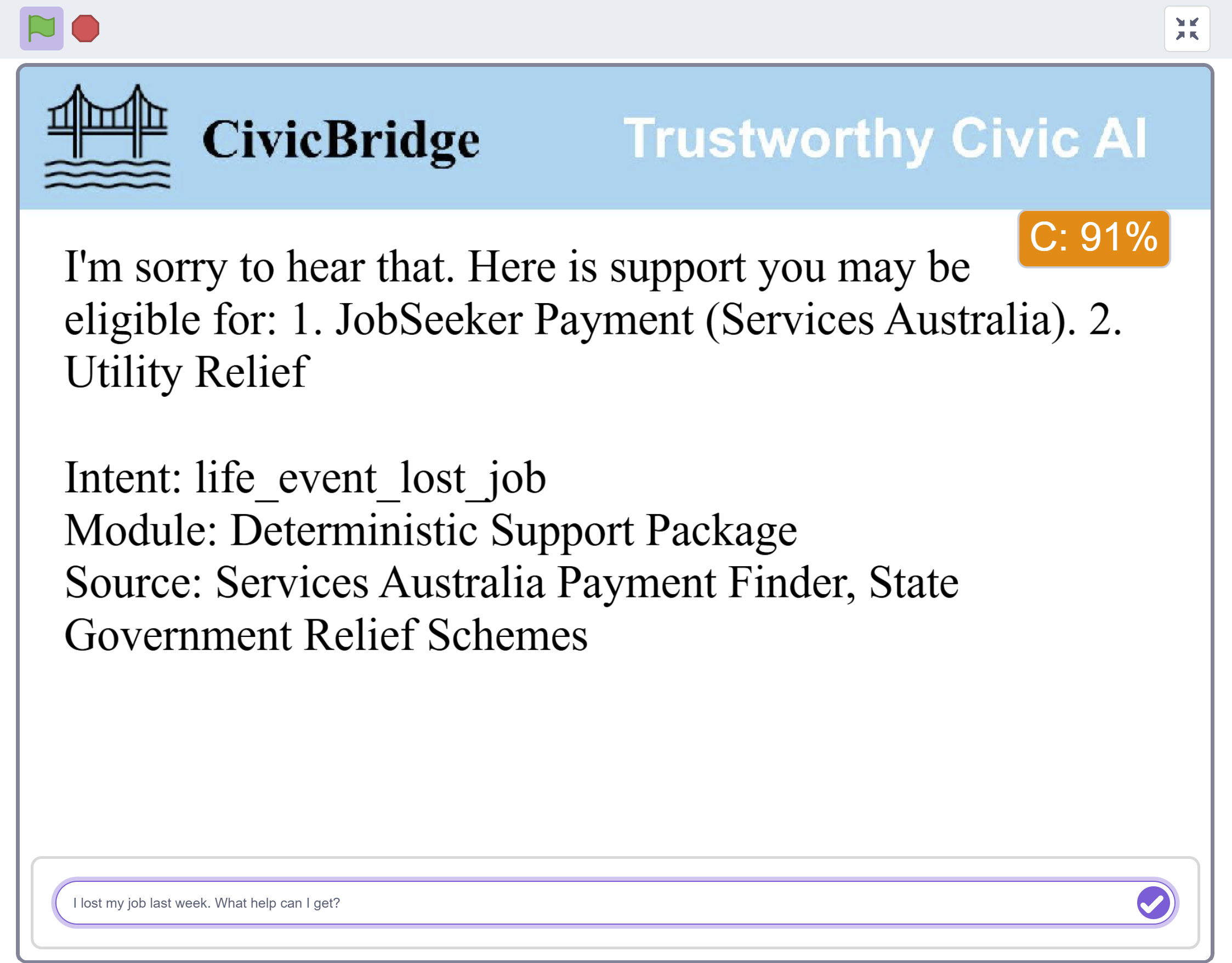CivicBridge interface showing intent classification and response